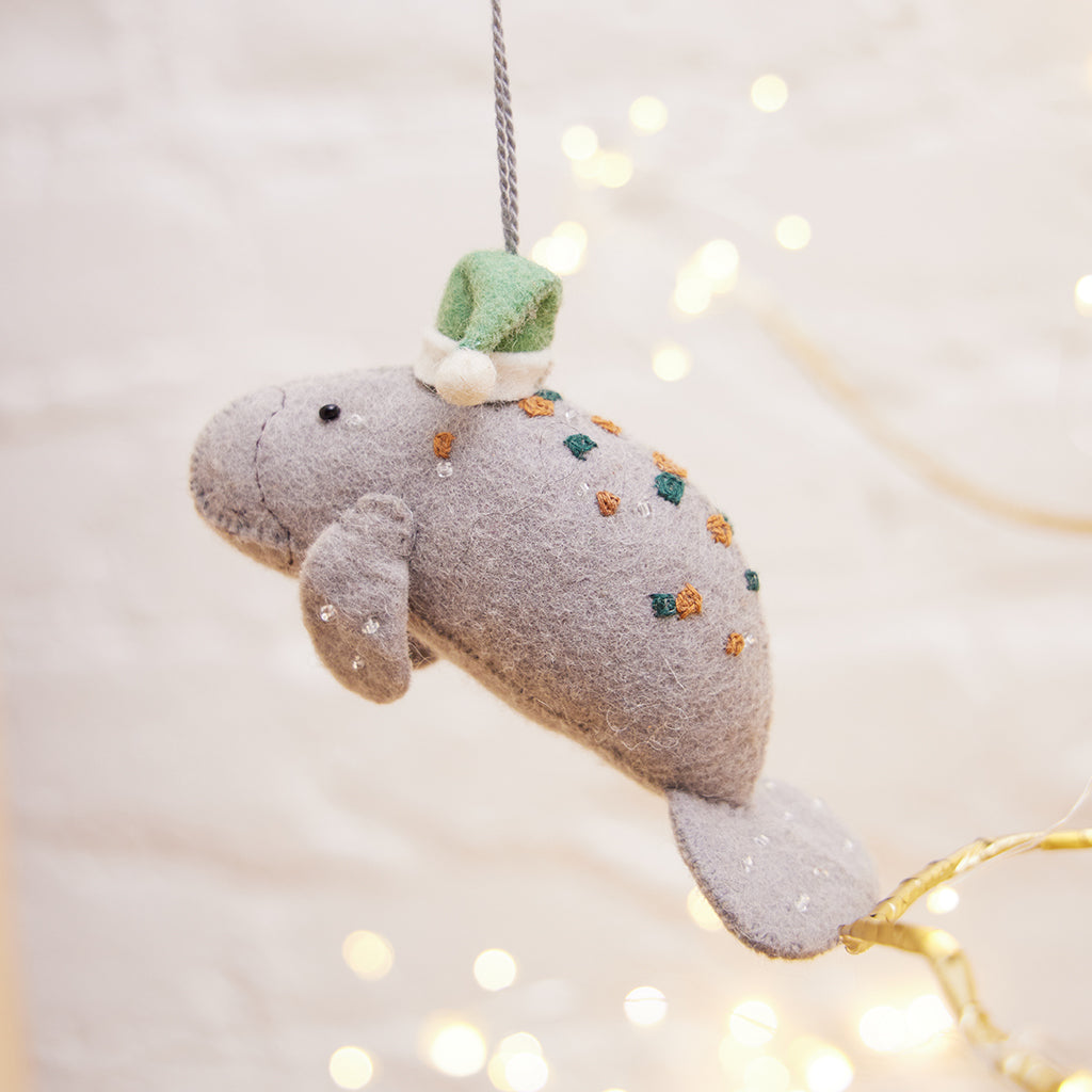 Santa Manatee Ornament - Green Hat