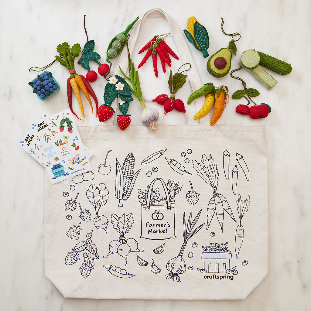 Craftspring Farmers Market vinyl sticker sheet – 10 waterproof stickers featuring fruit and vegetable illustrations inspired by felt ornaments.