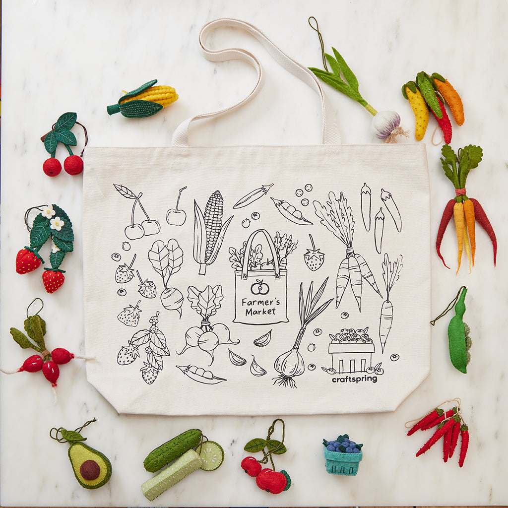 Handmade canvas tote with garden produce illustrations – collaboration between Craftspring and Winter Water Factory.