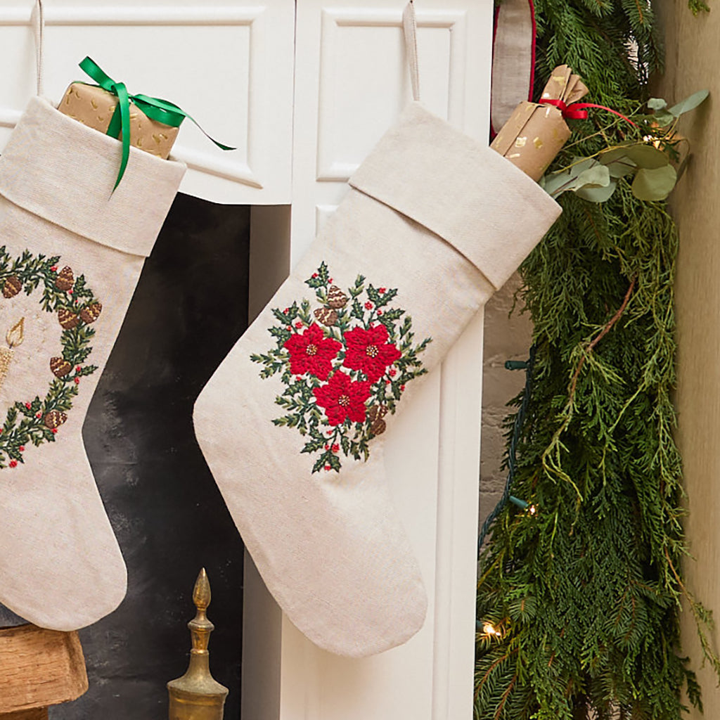 Natural Poinsettia Bundle Linen Stocking