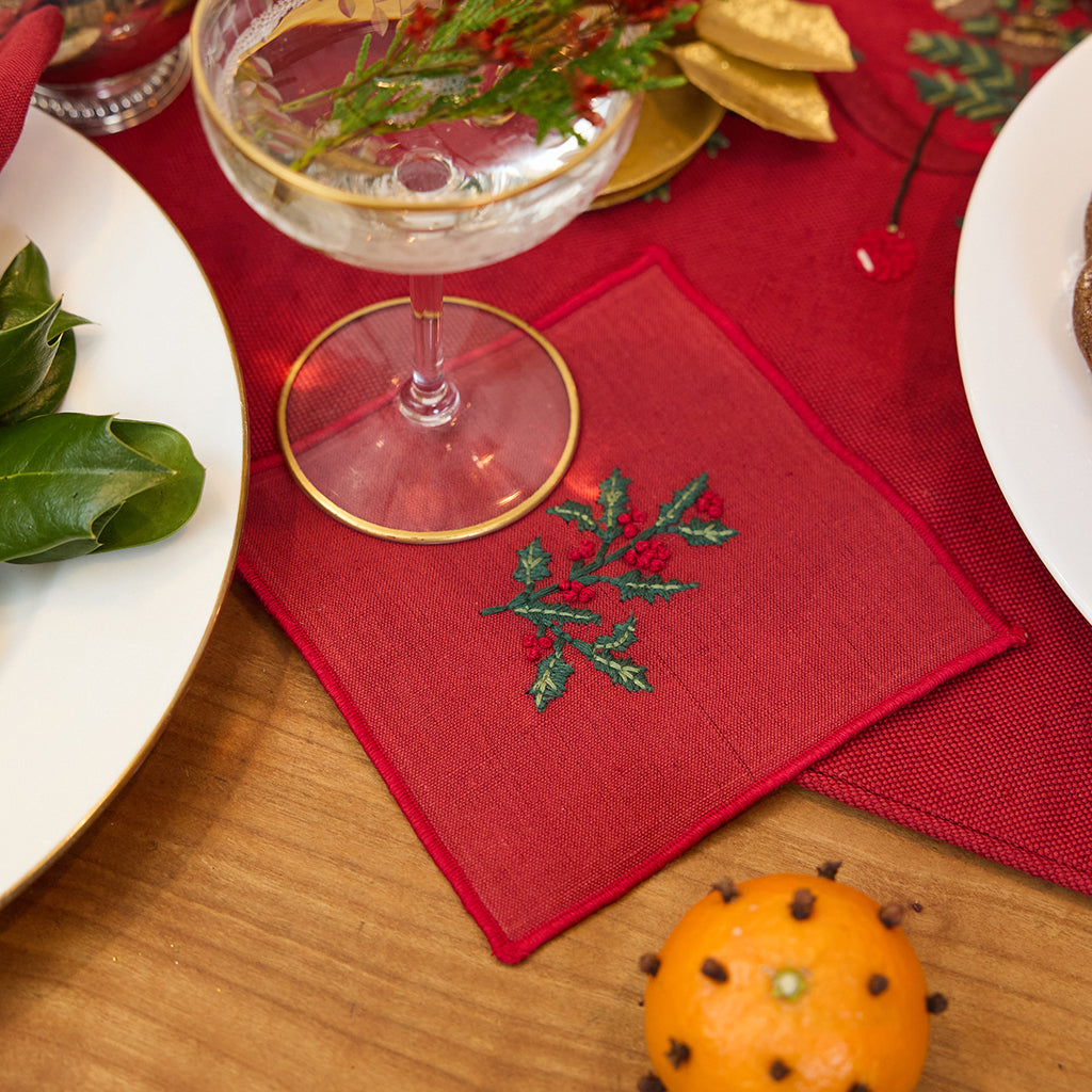 Red Holly Cocktail Napkins - Set of 4