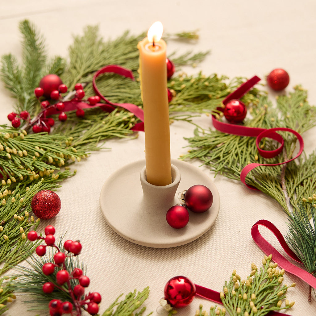 Gray Matte Ceramic Candle Holder with Beeswax Taper