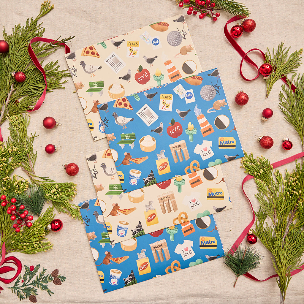 NYC Minis Wrapping Paper Sheets - 2 Blue Sheets & 2 Tan Sheets