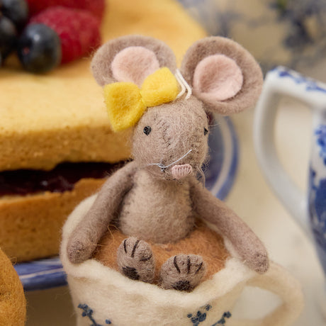 Set of 3 children’s tea party felt ornaments including mouse in teacup, honey bear jar, and croissant. Fair trade, handmade wool décor for kids and collectors.