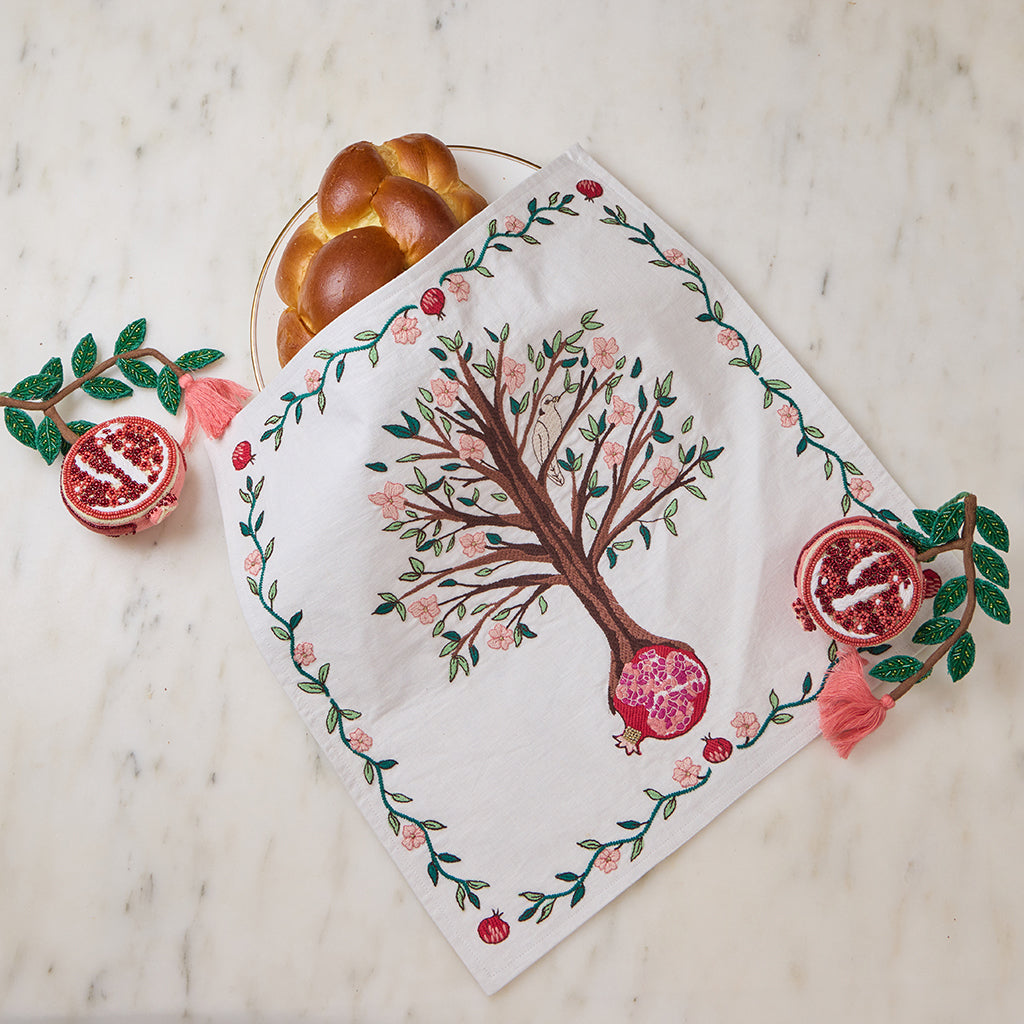 Embroidered Matzo Cover with Pomegranate Tree