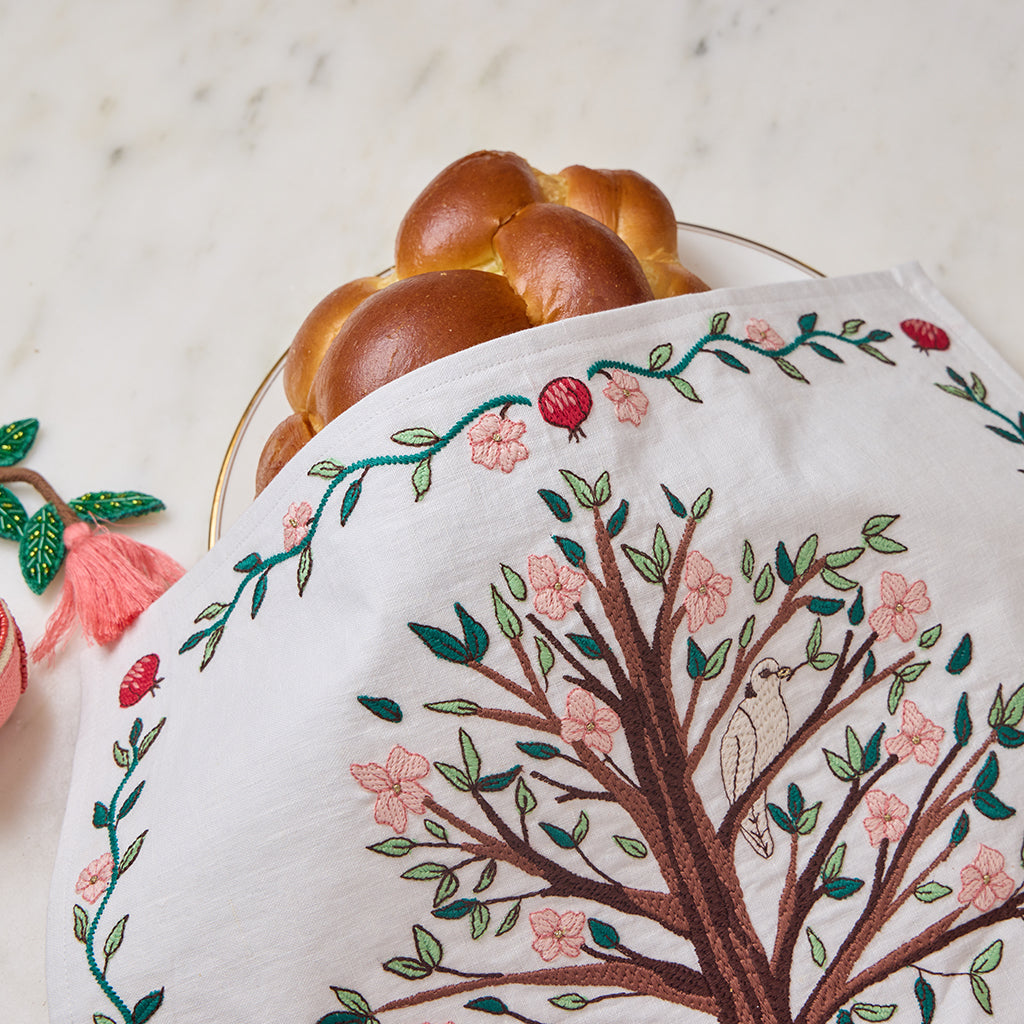 Embroidered Matzo Cover with Pomegranate Tree