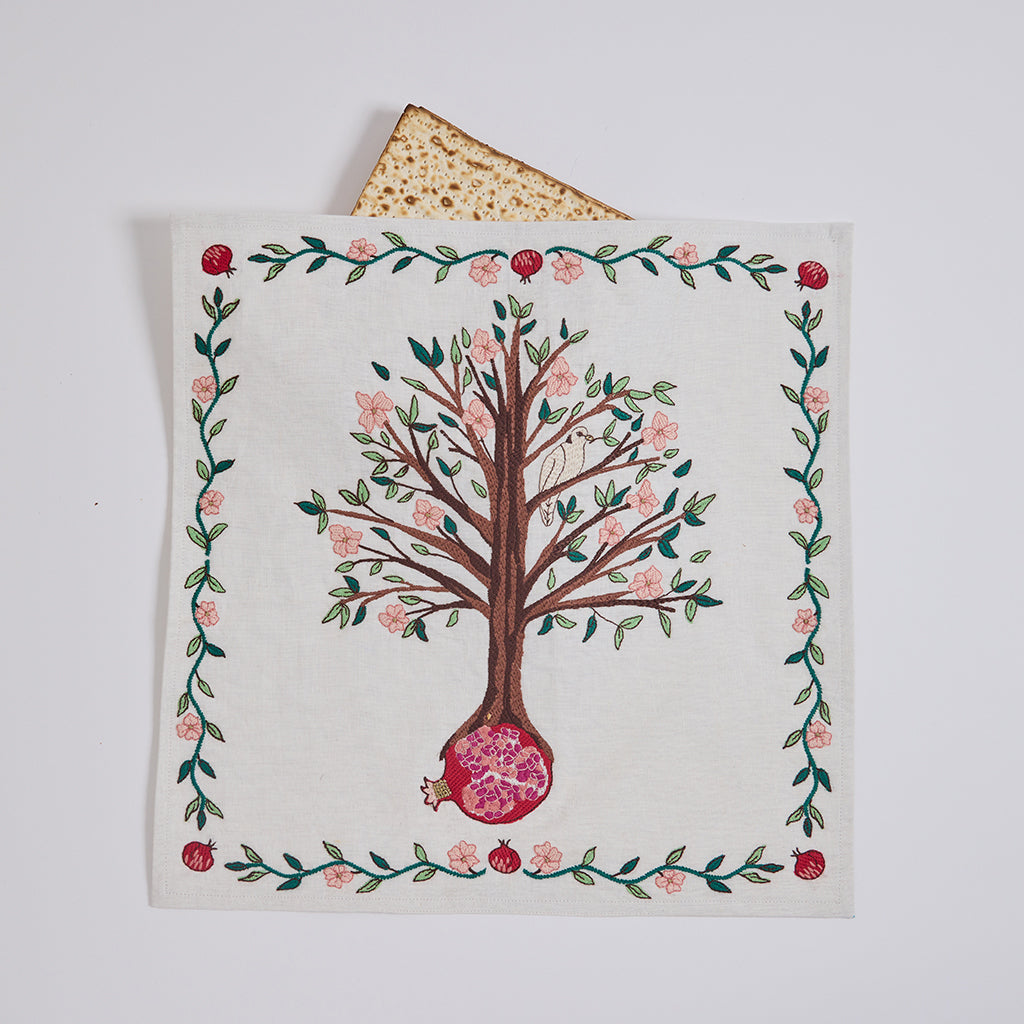 Embroidered Matzo Cover with Pomegranate Tree