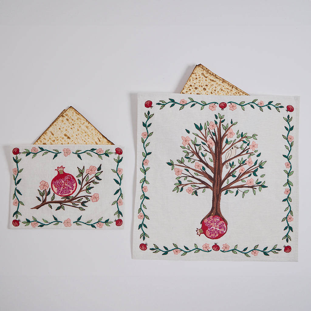 Embroidered Matzo Cover with Pomegranate Tree