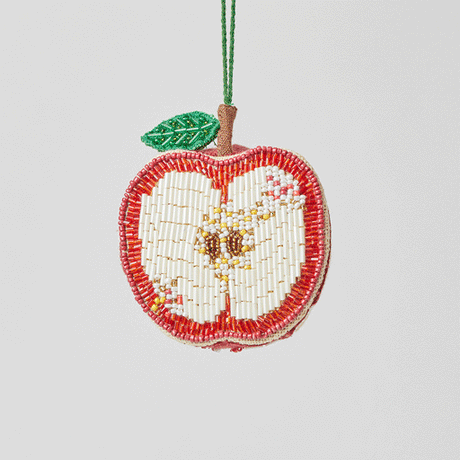 Beaded apple ornament with red, gold, and amber beadwork, featuring green leaf and linen backing. Perfect teacher gift, Rosh Hashanah décor, or fall ornament.