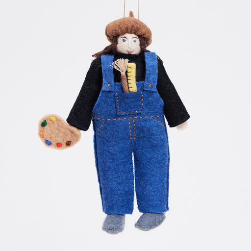 Felt artist ornament with brush and palette, handmade from wool. GIF