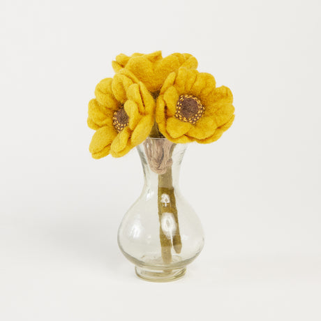 Handmade felt baby sunflower bouquet in recycled glass bud vase