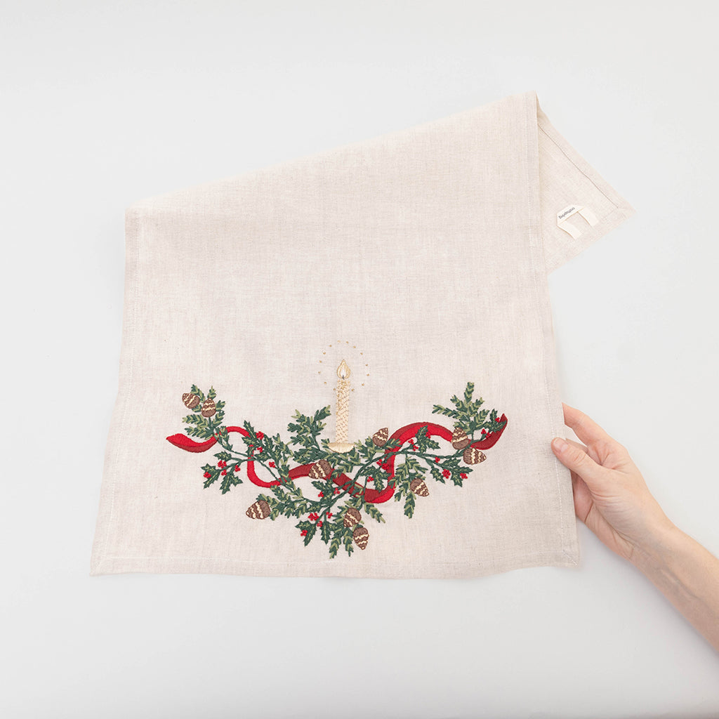 Natural Candle Garland Linen Tea Towel