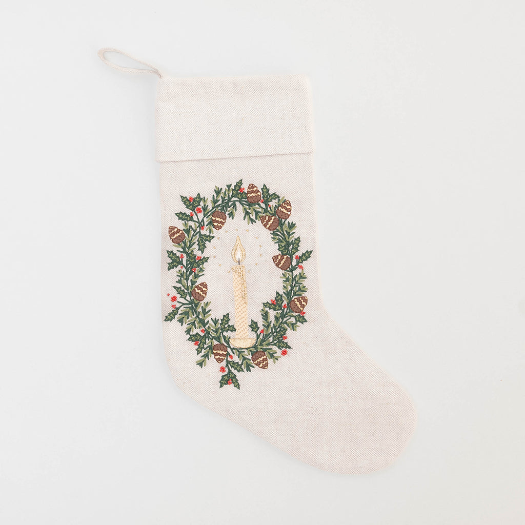Natural Candle Wreath Linen Stocking