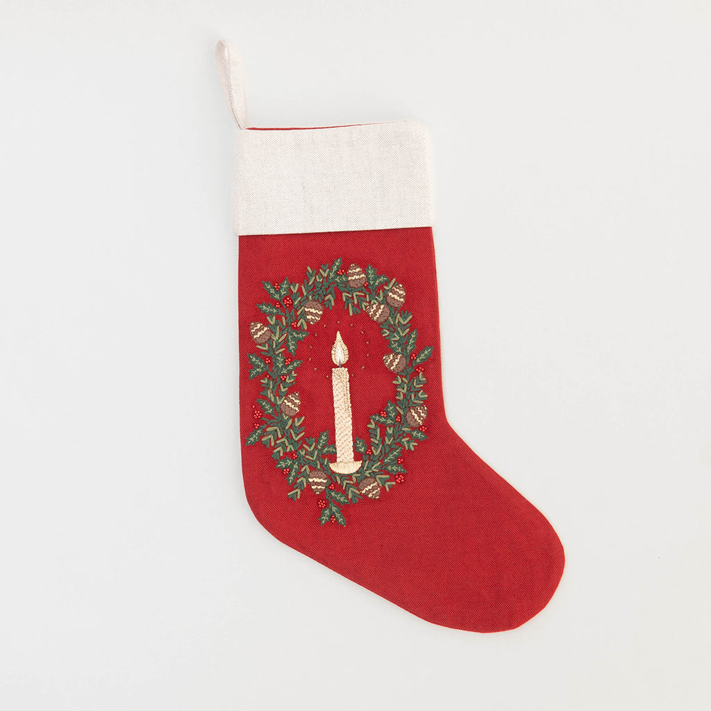 Red Candle Wreath Linen Stocking