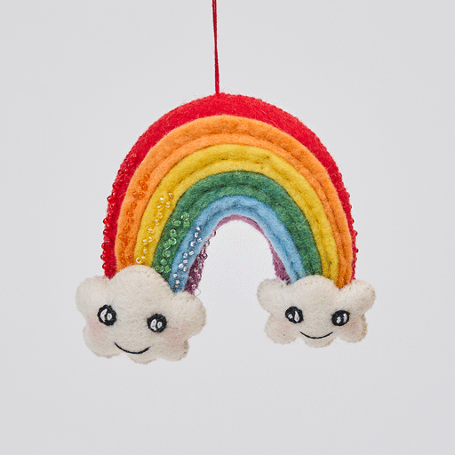 Handmade felt Cute You & Me Rainbow ornament from Craftspring rotating to show front, side, and back views—featuring intricate beaded and embroidered details with cute faces on clouds, showcasing heirloom quality and artisan craftsmanship, ethically crafted by artisans using sustainable wool.