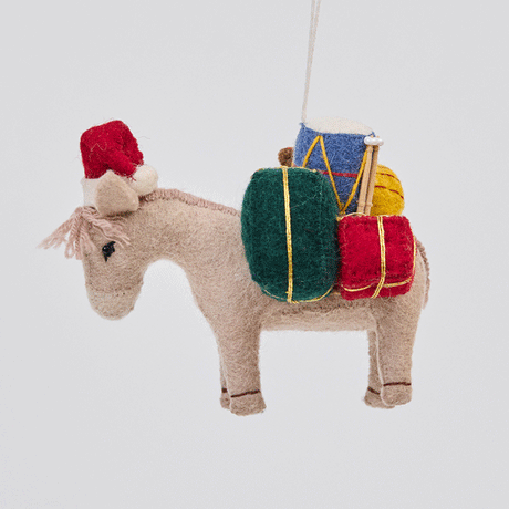 Handmade felt Donkey with Gifts ornament from Craftspring rotating to show front, side, and back views—featuring a Santa hat and toys on its back, showcasing festive Christmas charm and heirloom-quality craftsmanship, ethically crafted by artisans using sustainable wool.