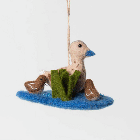 Felted wool duck family ornament featuring mother duck and ducklings, perfect for spring or baby shower gifts.