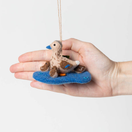 Felt pond scene ornament with duck family, ideal for Easter, baby showers, or bird-themed collections.