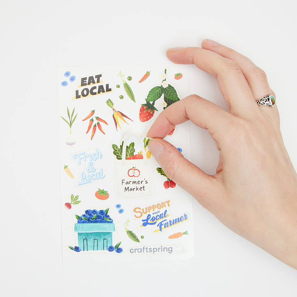 Support local food with playful produce stickers – 10-piece vinyl sheet ideal for market totes, gift wrap, or food-themed gifts.