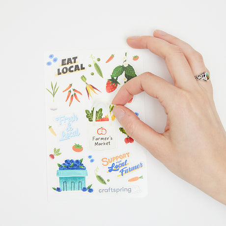 Support local food with playful produce stickers – 10-piece vinyl sheet ideal for market totes, gift wrap, or food-themed gifts.