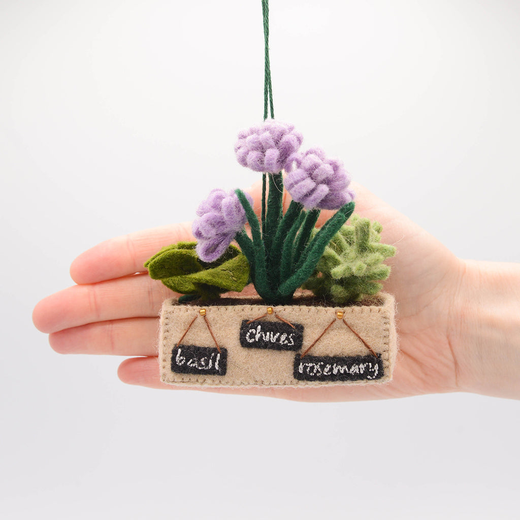 Felted kitchen garden ornament with soft wool basil, chives, and rosemary in a handmade pot