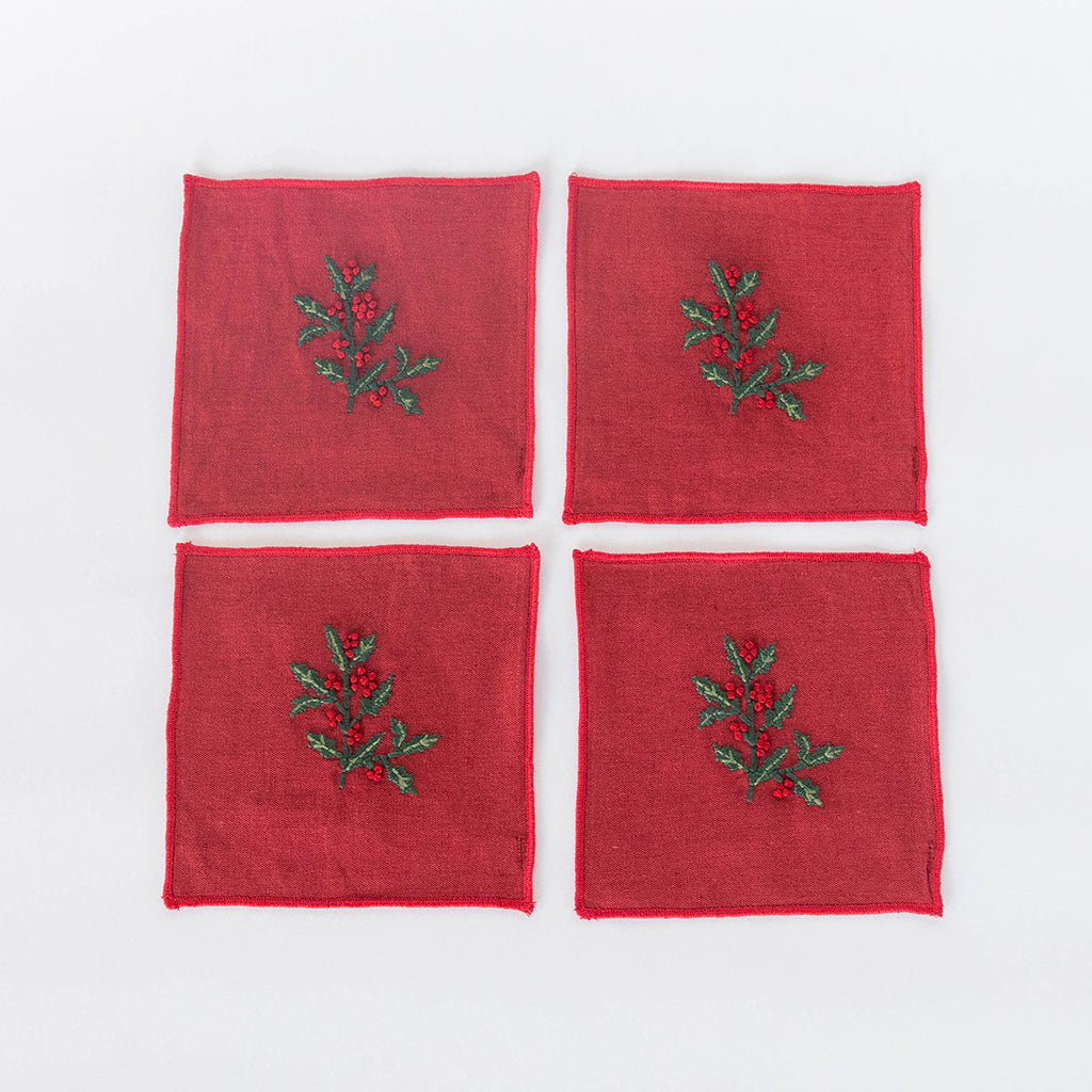 Red Holly Cocktail Napkins - Set of 4