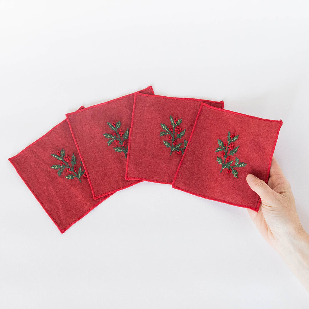 Red Holly Cocktail Napkins - Set of 4