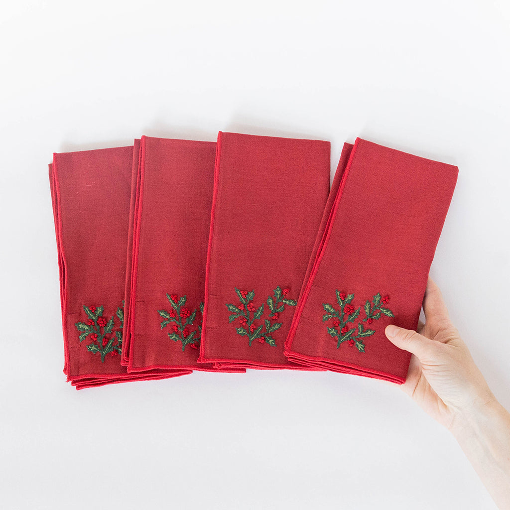 Red Holly Linen Napkins - Set of 4