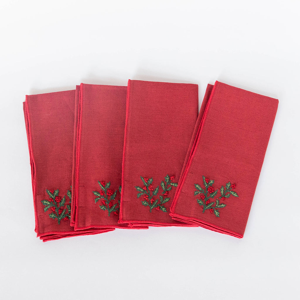 Red Holly Linen Napkins - Set of 4