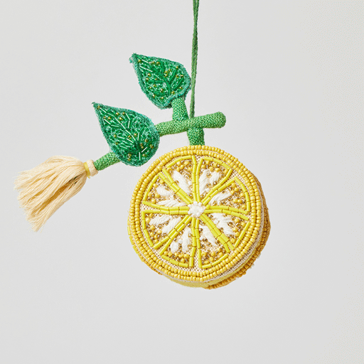 Yellow lemon-shaped beaded ornament with linen backing, perfect for summer décor, kitchen trees, or gift toppers.