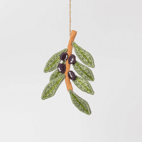 Intricately beaded olive branch ornament symbolizing goodwill and tradition, ready to hang on any holiday tree.