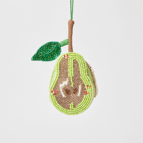 Elegant pear-shaped beaded ornament with intricate stitching and subtle shine, perfect for holiday décor or gifting.