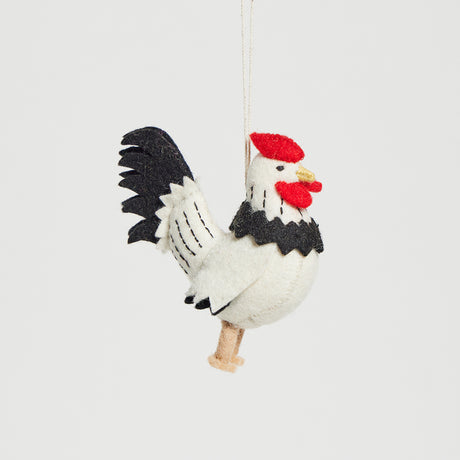 Bold wool rooster ornament handcrafted in India, perfect for Easter baskets, farmhouse décor, or holiday trees.