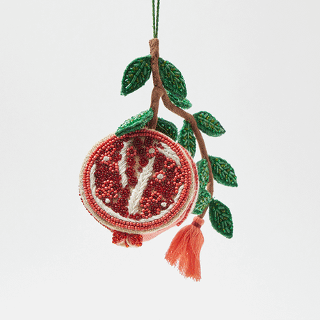 Luxurious pomegranate ornament with ruby beadwork and embroidered accents, perfect for Rosh Hashanah or harvest décor.