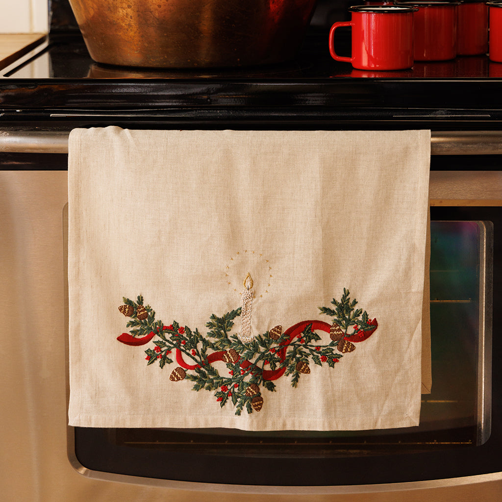 Natural Candle Garland Linen Tea Towel