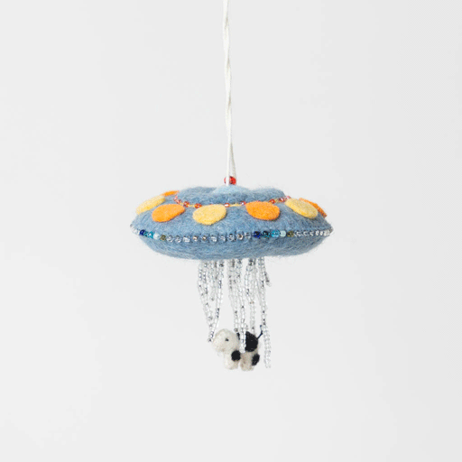 Quirky wool felt alien spaceship ornament with stitched lights and abduction beam, handcrafted in Kyrgyzstan.