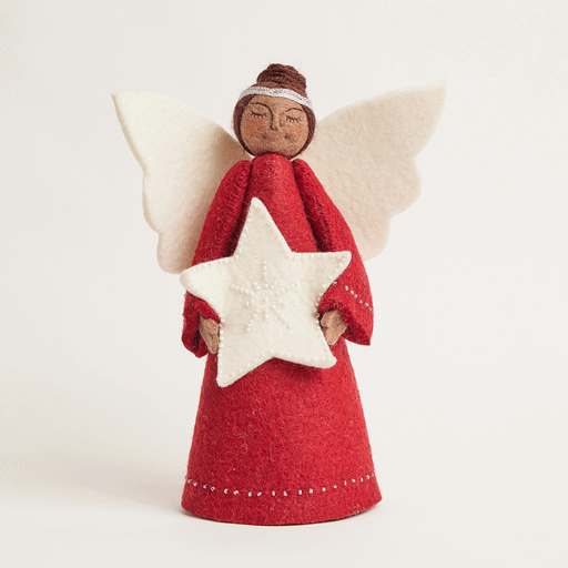Red Beauty Angel with White Star Tree Topper - Brown