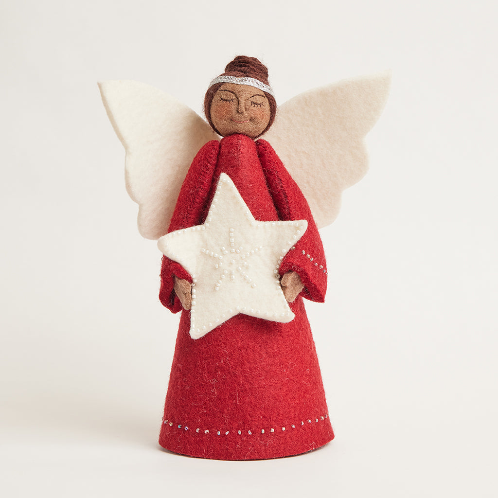 Red Beauty Angel with White Star Tree Topper - Brown