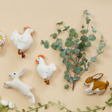 Plump white felt chicken ornament – handcrafted wool decor for spring or rustic kitchens
