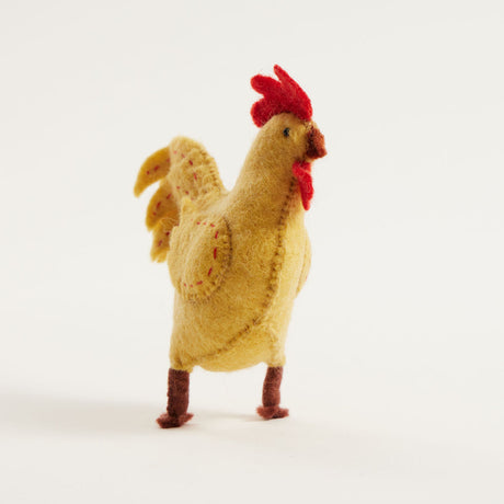 Playful wool rooster ornament with bright yellow feathers, ready to hang on holiday trees or baskets