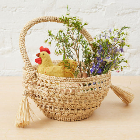 Handmade yellow rooster ornament crafted from felted wool, perfect for Easter baskets or spring decorations.
