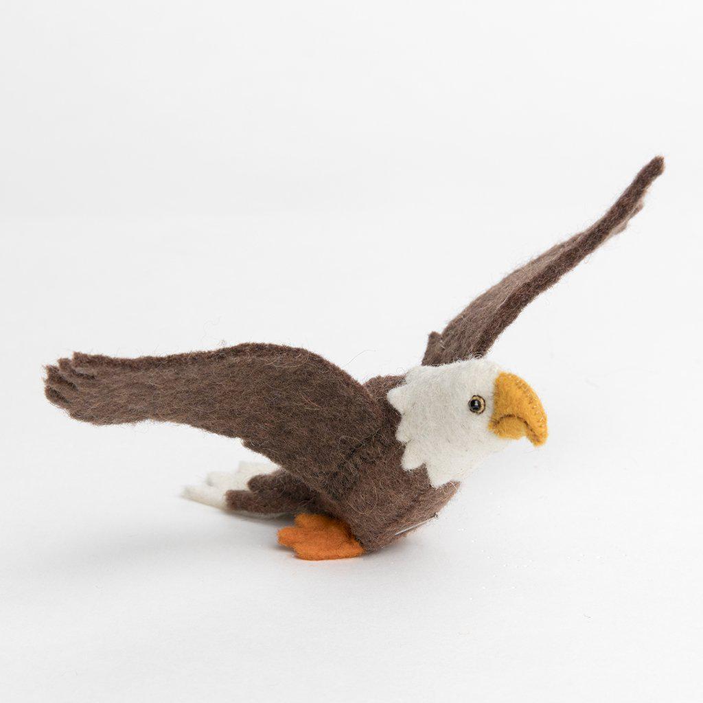 Craftspring handmade eagle in flight ornament with brown feathers, white feather detail on tail and head. 