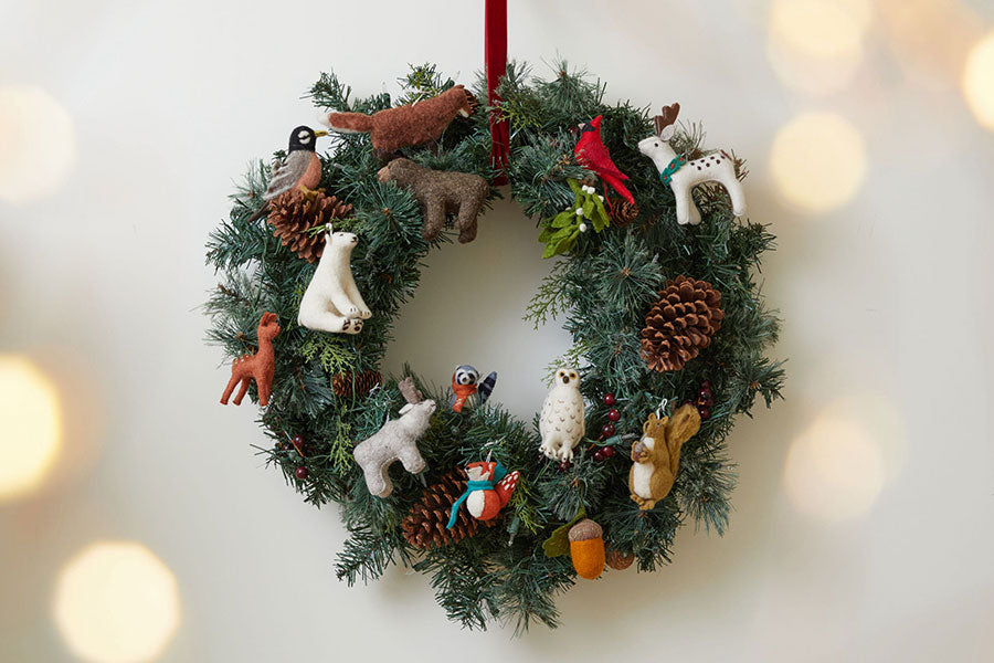 Woodland Wreath, with holiday glow and charm, filled with handmade felt animal ornaments, squirrel ornament, acorn ornament, mistletoe ornament, cardinal ornament