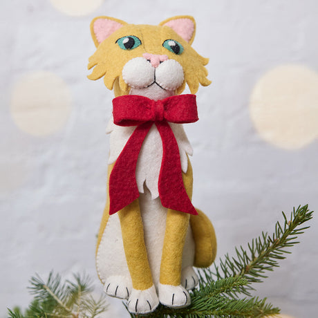 Handmade felt Orange Cat Tree Topper from Craftspring’s Cats Collection—heirloom-quality Christmas decor and a thoughtful holiday gift, ethically crafted by artisans using sustainable wool.