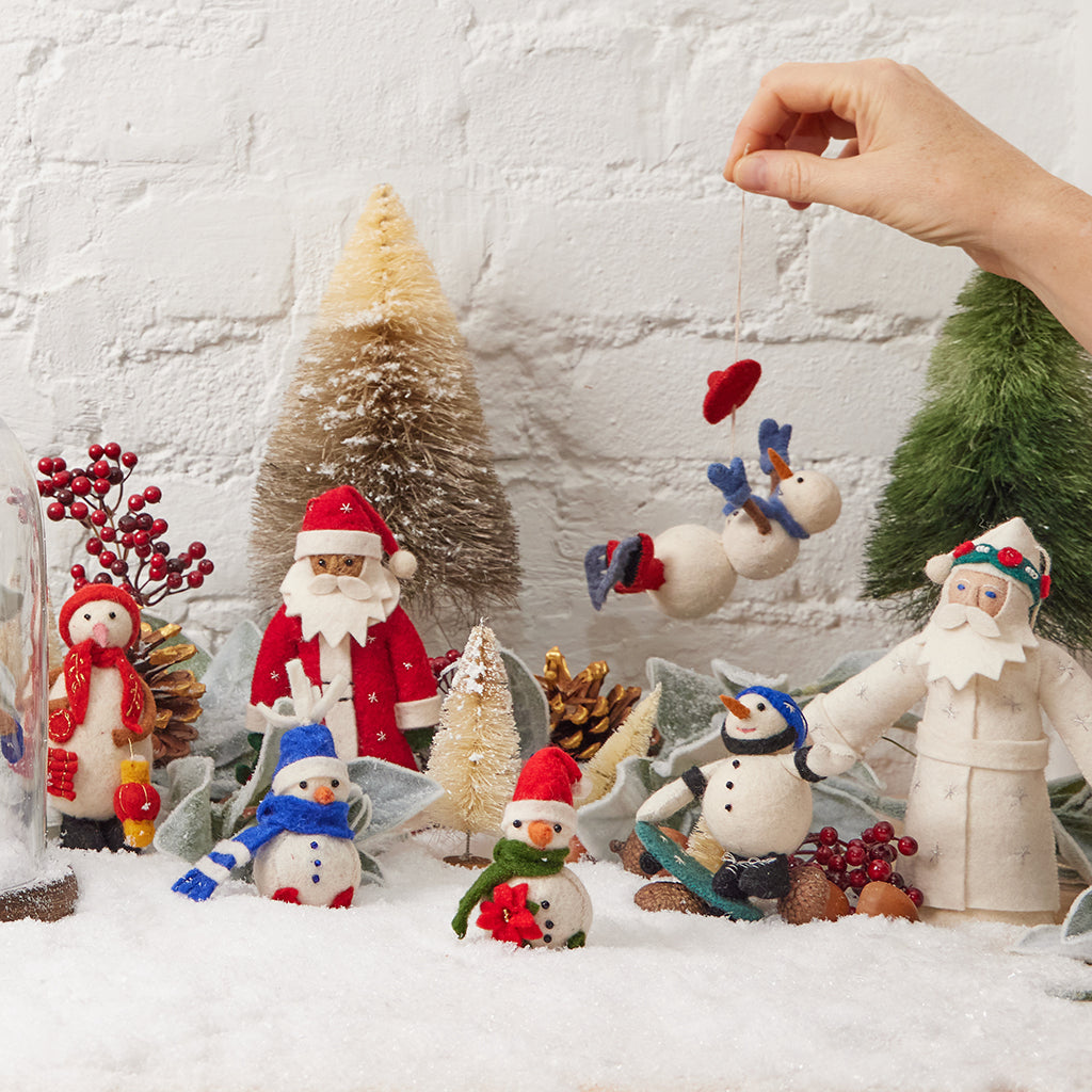 Hand Felted Snowman with Red Poinsettia Flower and Santa Hat