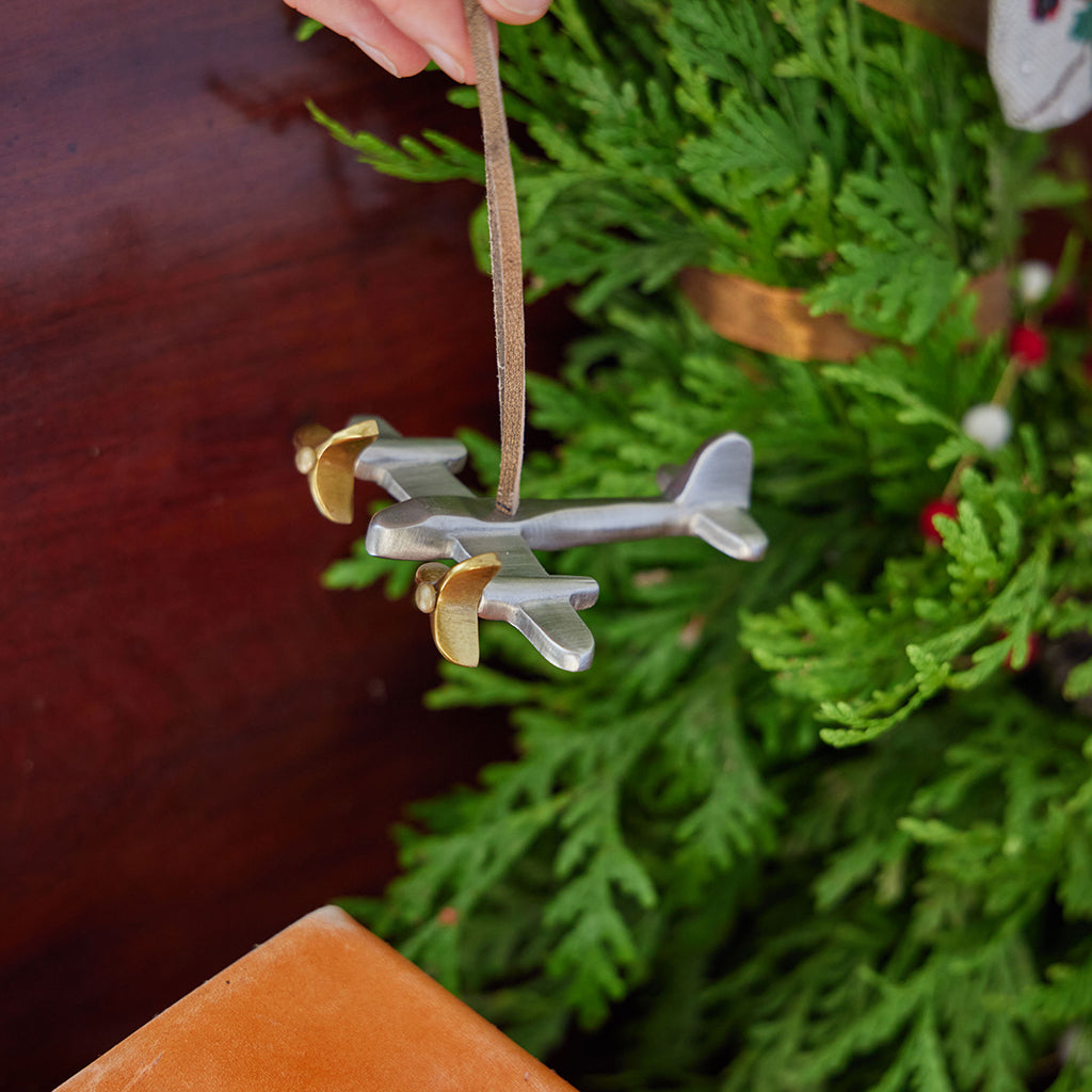 Propeller Plane Ornament - Pewter with Antique Brass