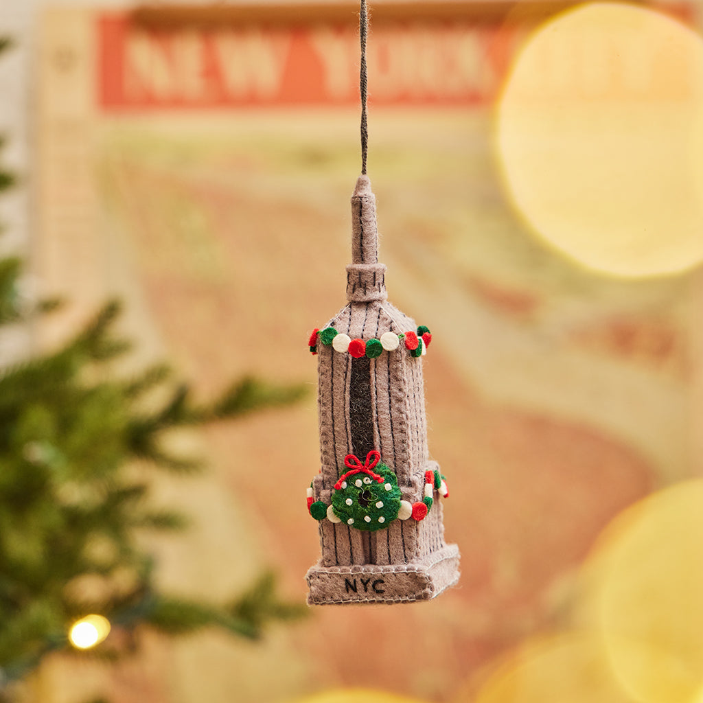 Hand Felted Gray Empire State Building with Christmas Lights Ornament