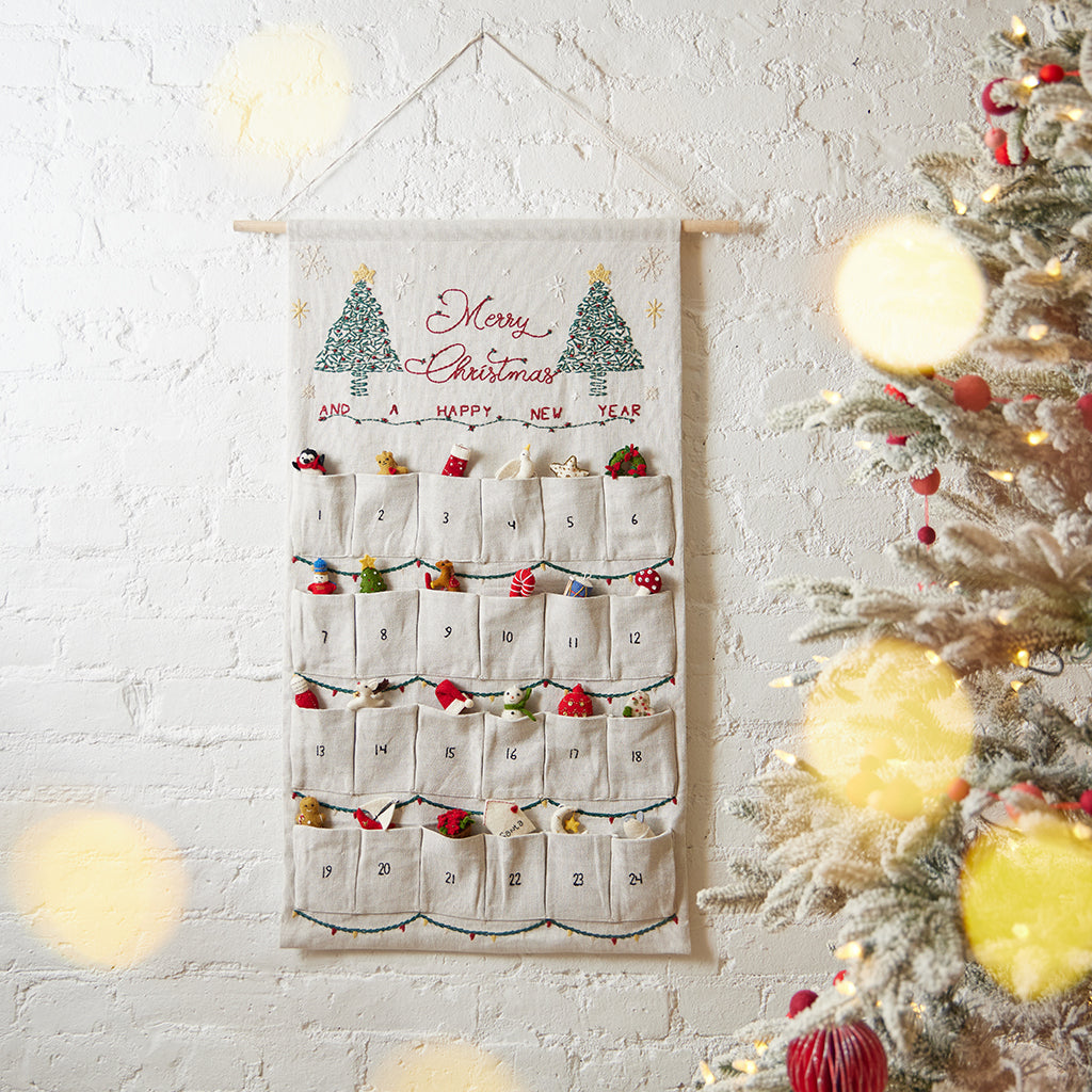 Hand Embroidered Neutral Linen Advent Calendar w Set of Mini Ornaments
