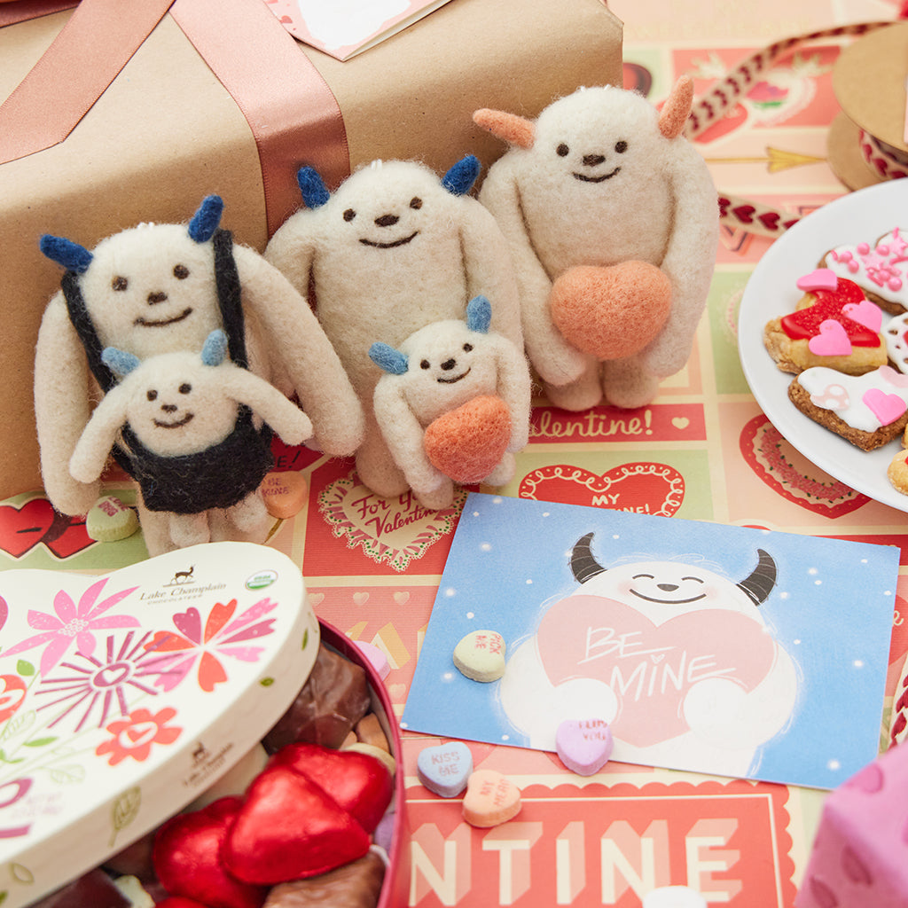 Hand Needle Felted Big White Yeti with Pink Love Heart Ornament