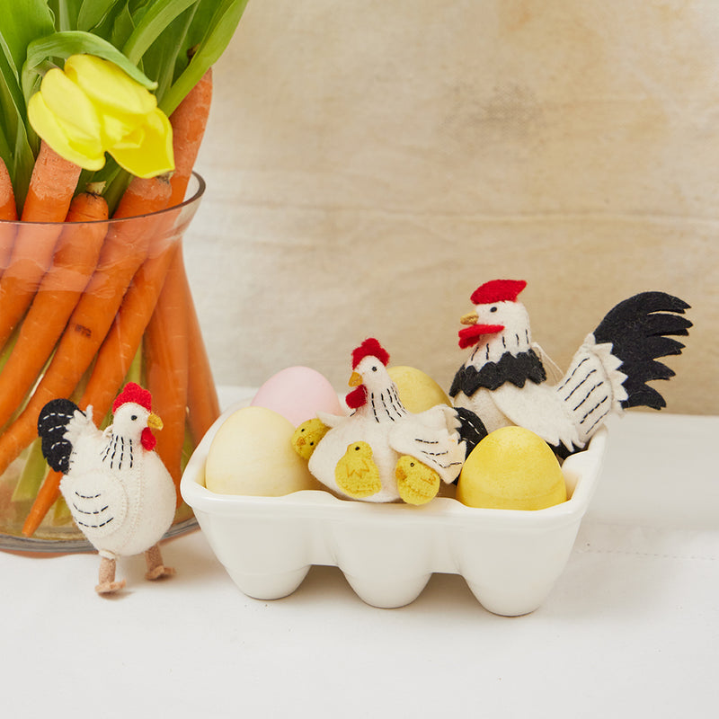 Spring Chickens felt ornament set of three—handmade hen, rooster, and mama hen with chicks, perfect for Easter or spring decorating.